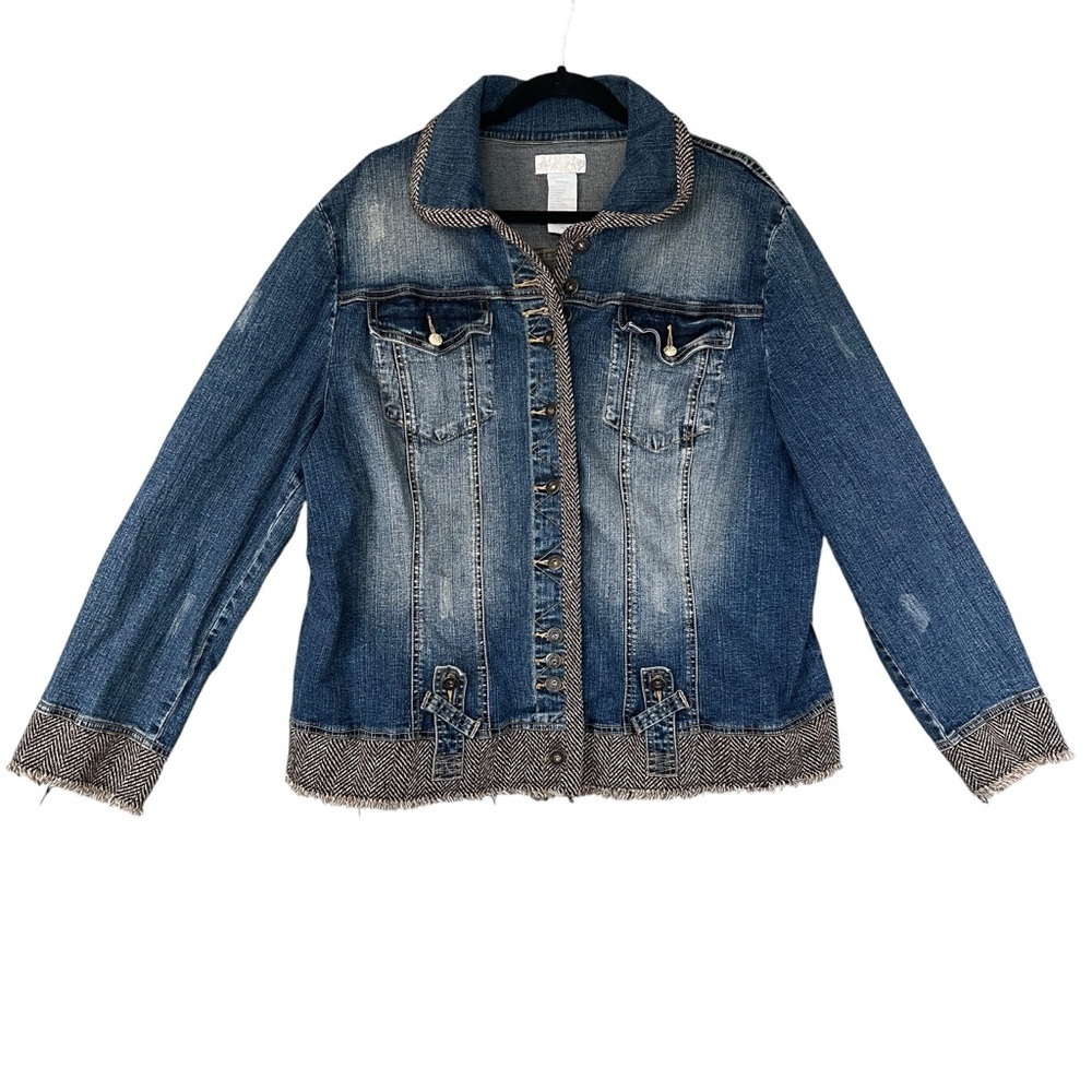 BABY PHAT Y2K Vintage Jean Jacket Tweed Trim Rhinestone Cat Bling Distressed 3X - Picture 2 of 12